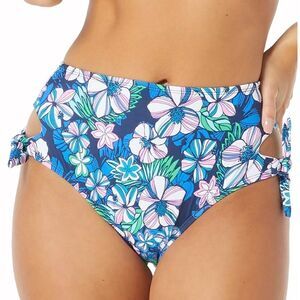 SUNDAZED Tatum Floral-Print Tie Side High-Waist Bottoms, swimsuit L New Blue